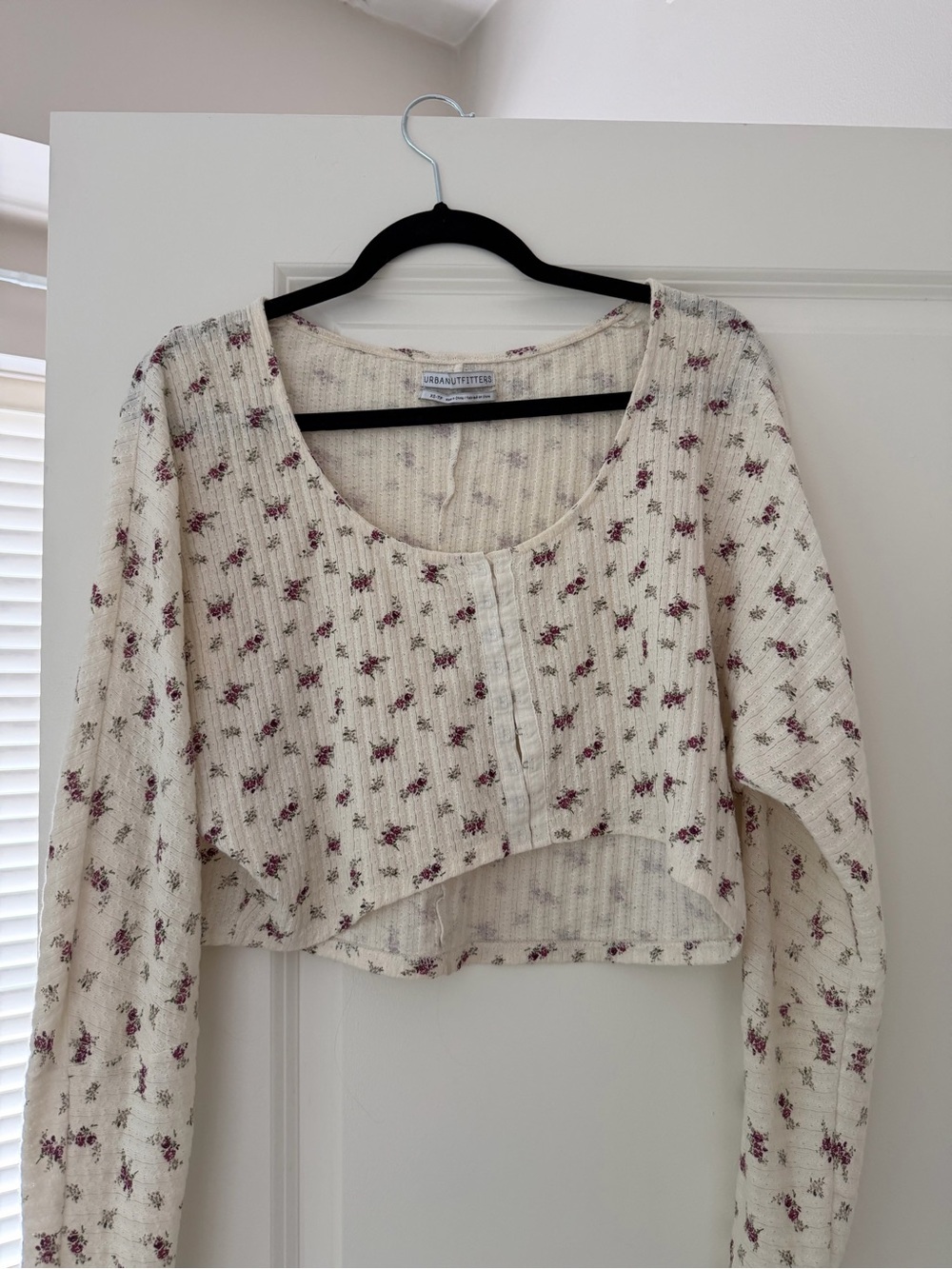 Urban Outfitters Cream Floral Ribbed Cropped Button Top